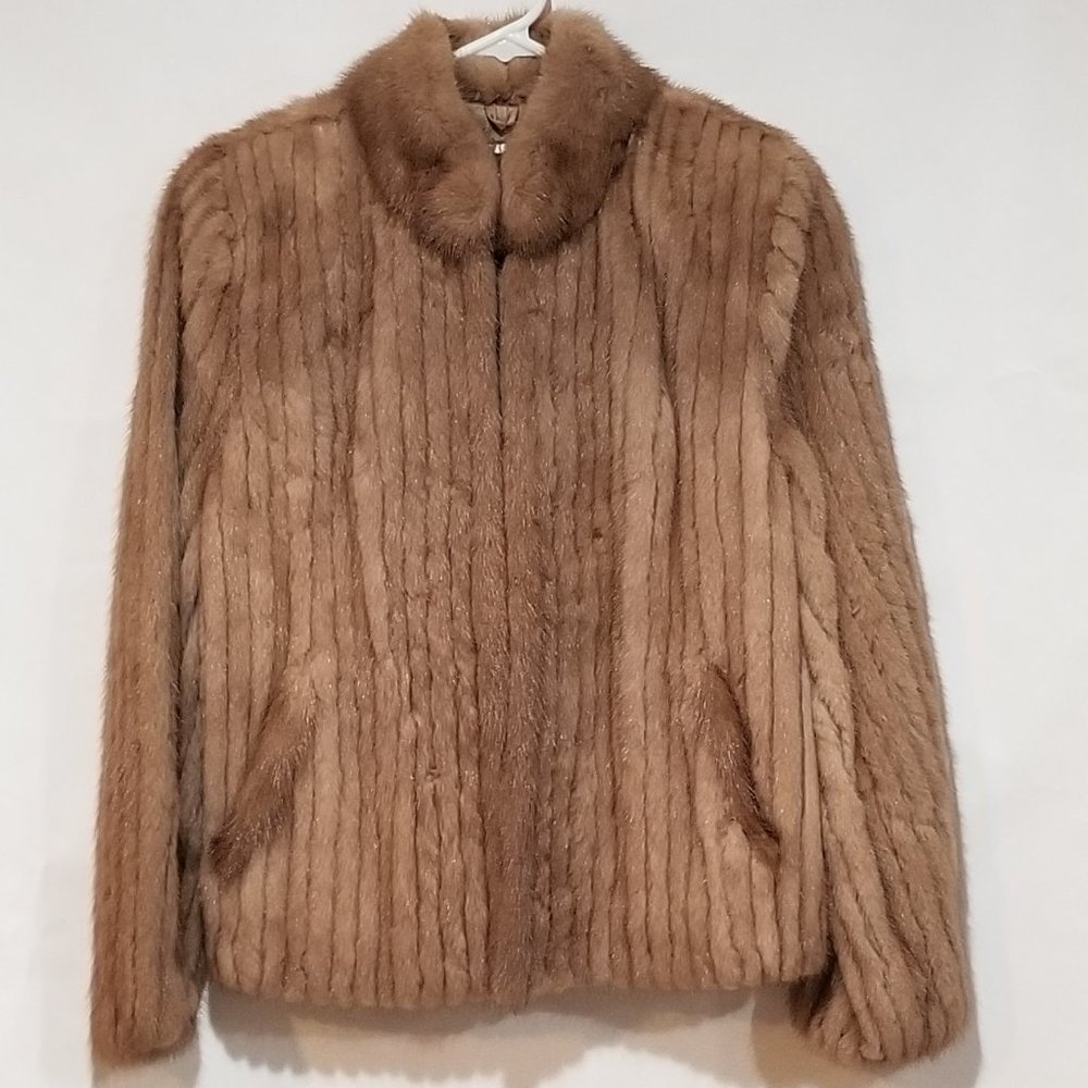 Saga Fur Mink Coat Real Genuine Ribbed Light Brown
